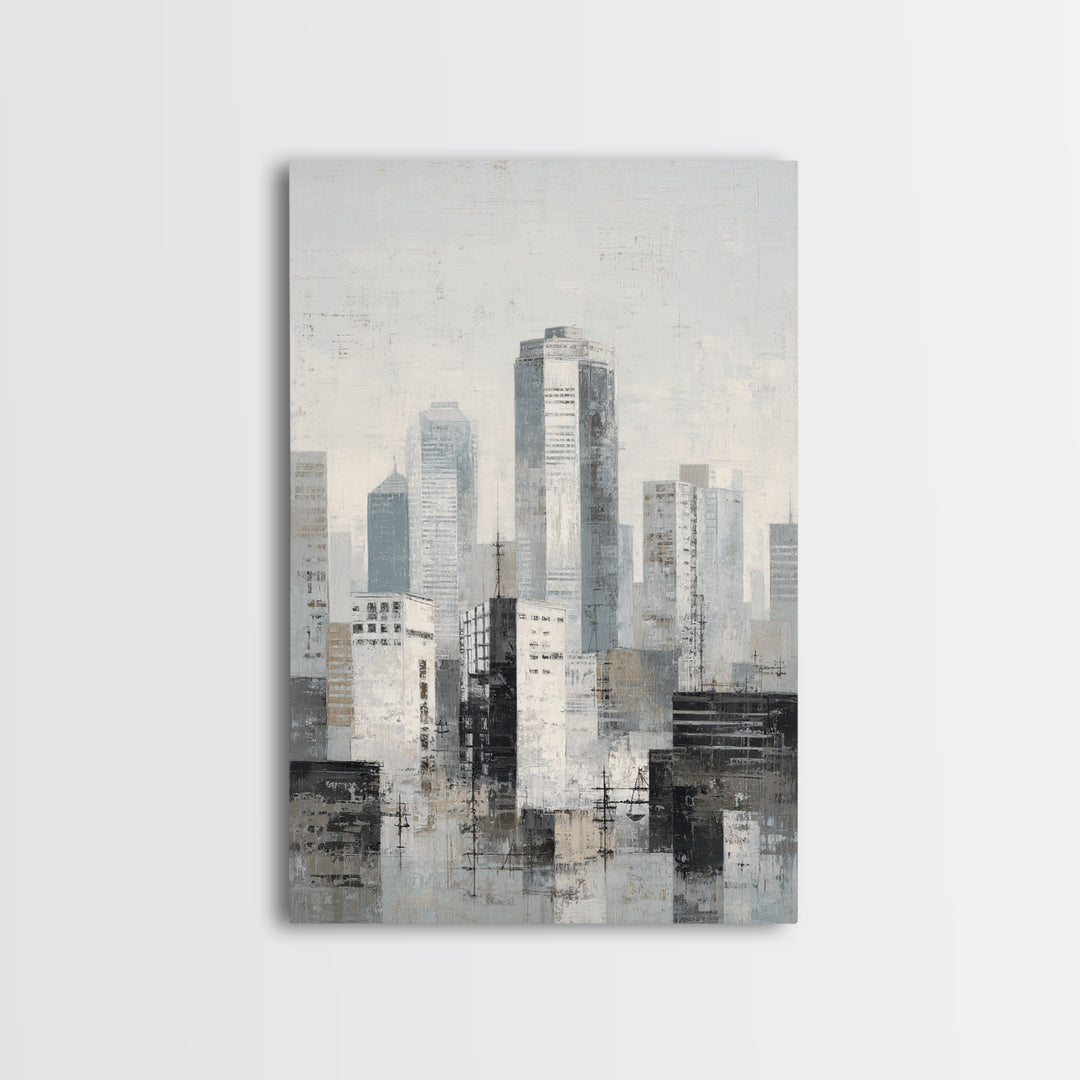 Black and White City Skyline Silhouette Framed Canvas Print, Office Art, Wall Decor, Office Decor, Abstract Art, Focus, OFF-2x3-37