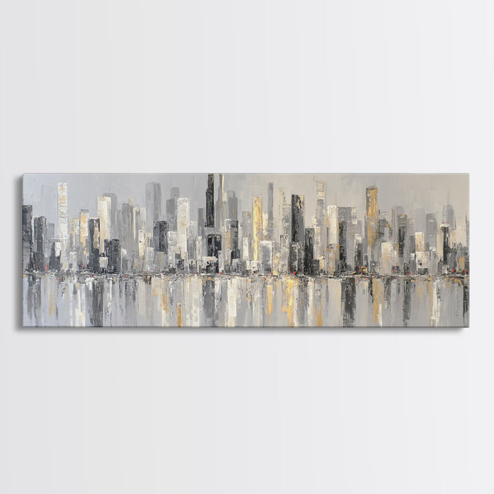 Black and White City Skyline Silhouette Framed Canvas Print, Office Art, Office Wall Art, Office Decor, Fine Art, Focus, OFF-3x1-69