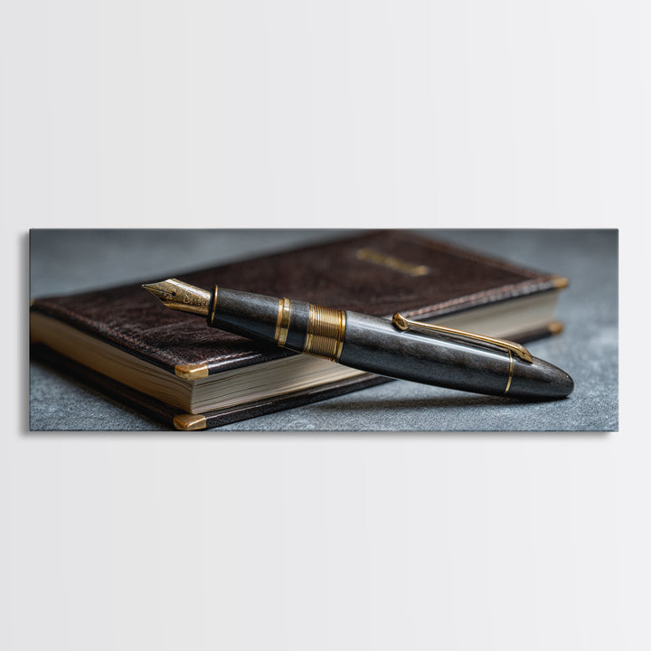 Fountain Pen and Notebook Still Life Without Canvas Print, Office Art, Office Decor, Watercolor Art, Focus, Abstract Wall Art, OFF-3x1-86