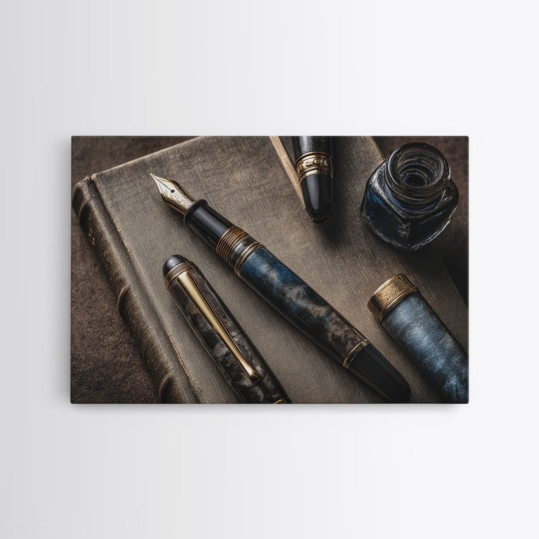 Fountain Pen and Notebook Still Life Without Framed Canvas Print, Office Art, Decor, Office Decor, Fine Art, Focus, Wall Prints, OFF-3x2-2