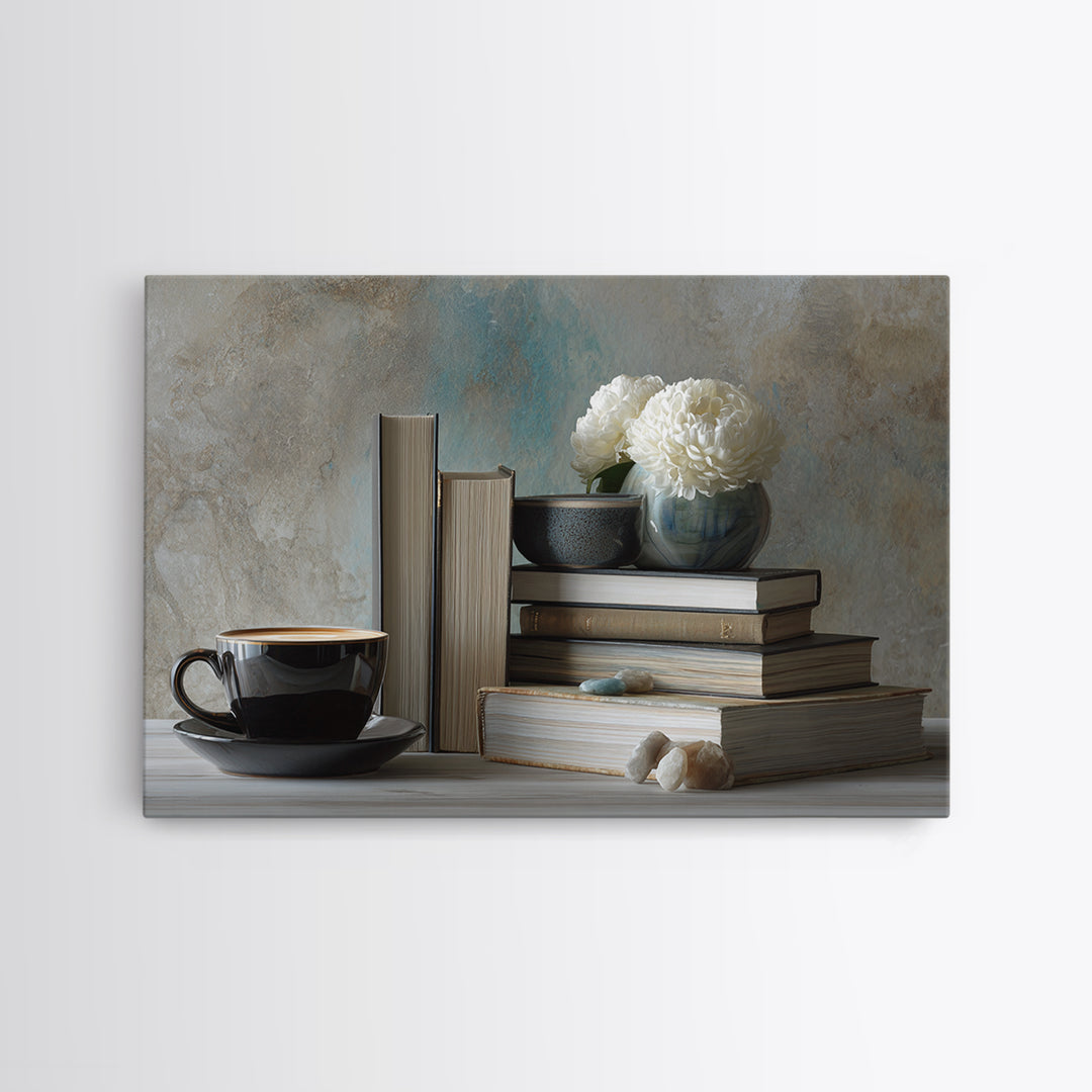 Books and Coffee Still Life Canvas Print, Office Art, Living Room Decor, Office Decor, Oil Painting, Focus, Fine Art Print, OFF-3x2-61