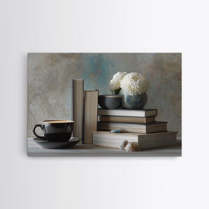 Books and Coffee Still Life Canvas Print, Office Art, Living Room Decor, Office Decor, Oil Painting, Focus, Fine Art Print, OFF-3x2-61