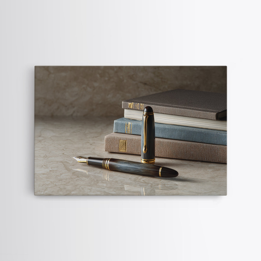 Fountain Pen and Notebook Still Life Without Framed Canvas Print, Office Art, Abstract Art, Office Decor, Oil Painting, Focus, OFF-3x2-74