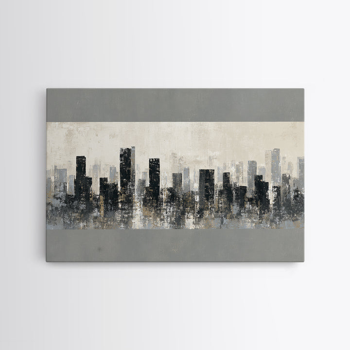 Black and White City Skyline Silhouette Framed Canvas Print, Office Art, Canvas Print, Office Decor, Abstract Art, Focus, OFF-3x2-81