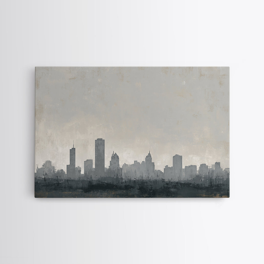 Black and White City Skyline Silhouette Framed Canvas Print, Office Art, Canvas Wall Art, Office Decor, Fine Art, Focus, OFF-3x2-9