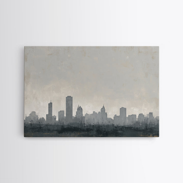 Black and White City Skyline Silhouette Framed Canvas Print, Office Art, Canvas Wall Art, Office Decor, Fine Art, Focus, OFF-3x2-9