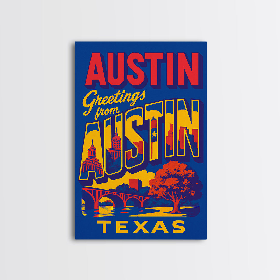 Austin Texas Travel Poster, Canvas Print, Colorful Graphic Wall Art, Austin Art Print, City Illustration, Travel Art Print, Travel Print