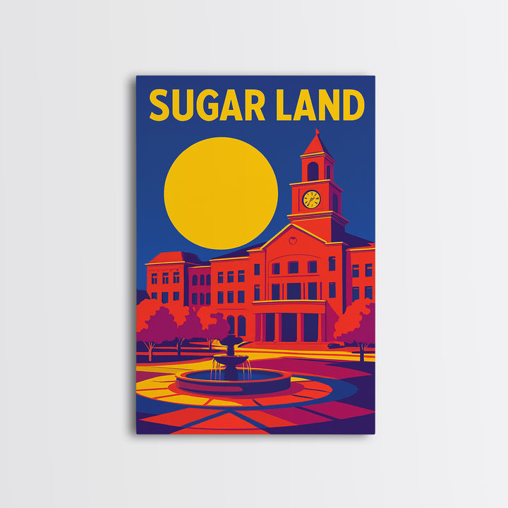 Sugar Land Texas Travel Poster, Framed Canvas Print, Vibrant Retro Travel Art, Sugar Land Art Print, City Art Print, Vintage City Poster