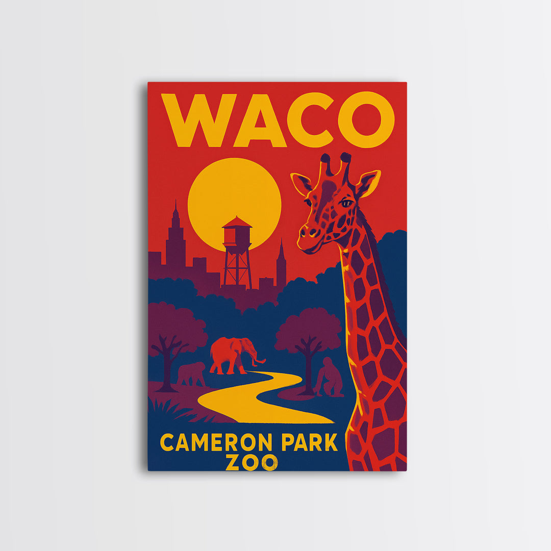 Waco Travel Poster, Framed Canvas Print, Bold Pop Art Poster, Waco Wall Art, Mid Century Wall Art, Retro Travel Print, City Art Print