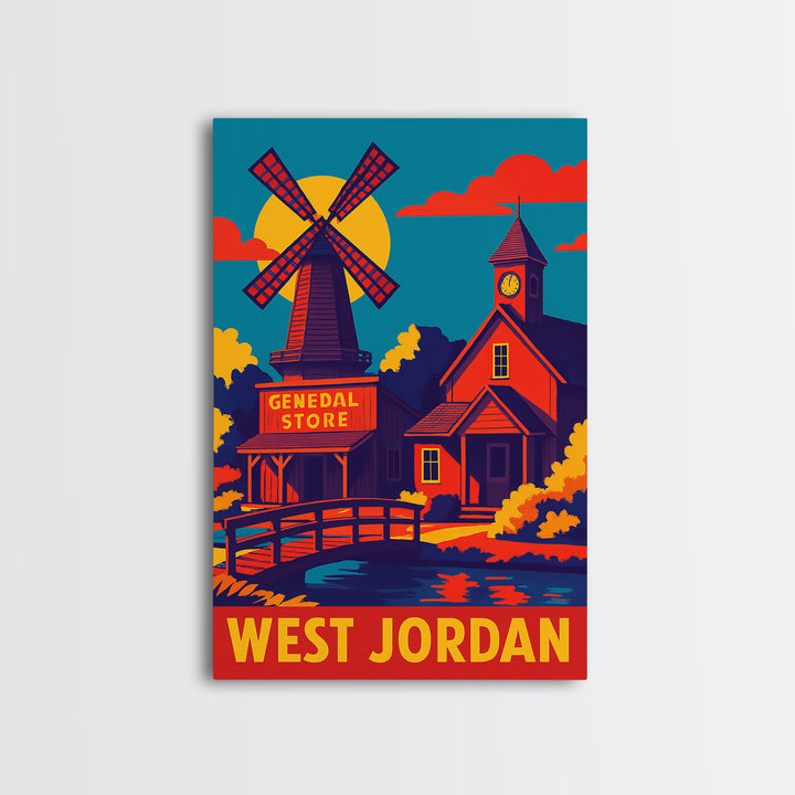 West Jordan Utah Travel Poster, Canvas Print, Vibrant Retro Travel Art, West Jordan City Art, Living Room Wall Art, Vintage City Poster