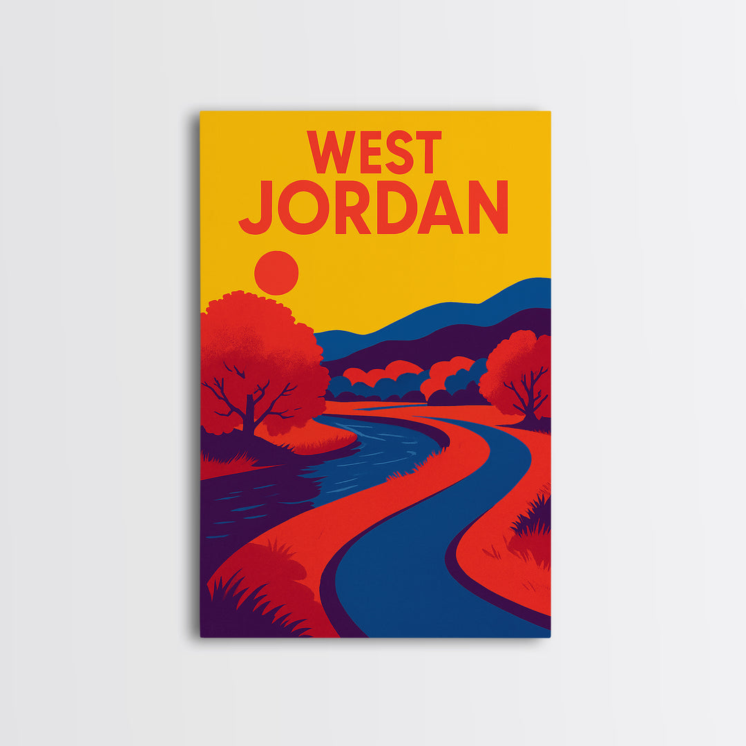 West Jordan Travel Poster, Framed Canvas Print, Bold Pop Art Poster, West Jordan Travel Art, Eclectic Wall Decor, City Illustration