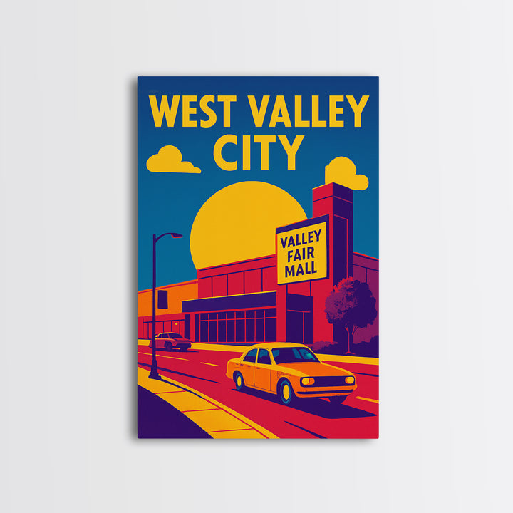 West Valley City Travel Poster, Framed Canvas Print, Vibrant Retro Travel Art, West Valley City Poster Print, Watercolor Cityscape