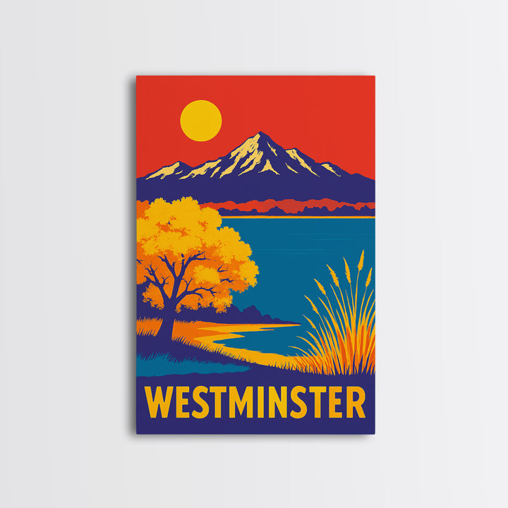 Westminster Travel Poster, Framed Canvas Print, Vibrant Retro Travel Art, Westminster City Art, Wanderlust Decor, City Illustration
