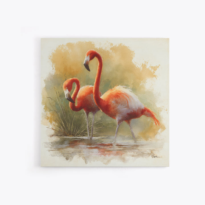 Flamingo Pair Beside Shallow Water Canvas Print, Patio Art, Beach House Decor, Patio Decor, Fine Art, Outdoor, Modern Decor, PAT-1x1-10