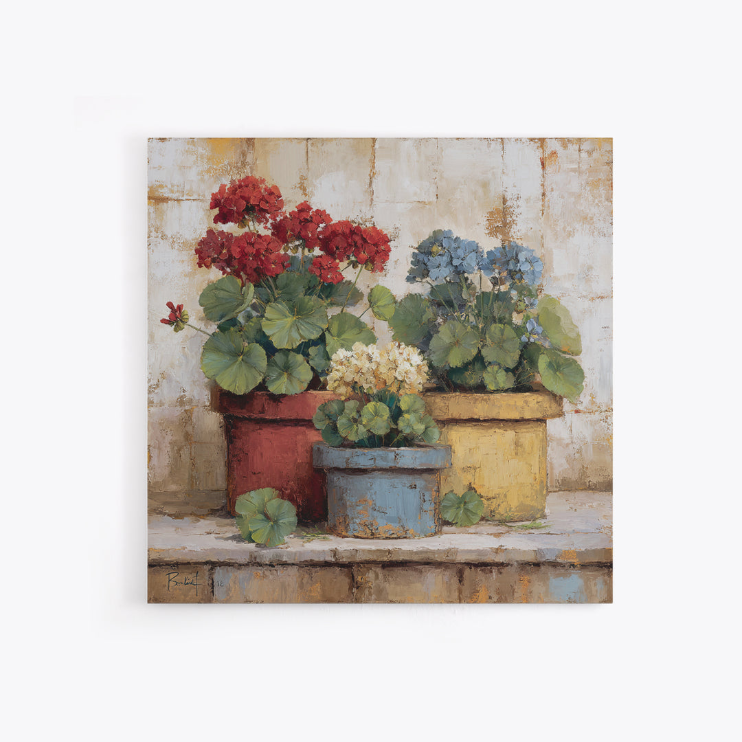 Potted Geraniums in Rustic Clay Pots Canvas Print, Patio Art, Porch Decor, Patio Decor, Fine Art, Outdoor, Fine Art Print, PAT-1x1-14