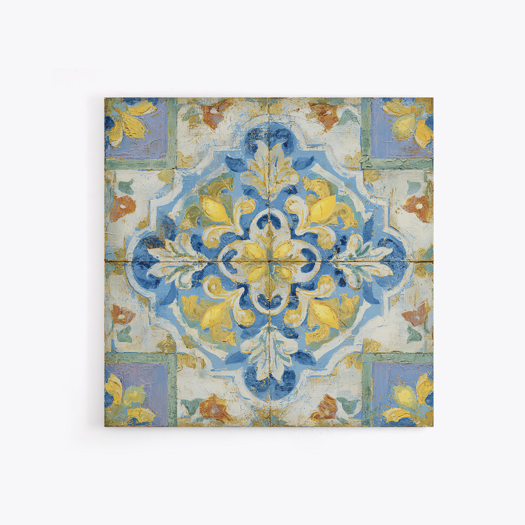 Mediterranean Lemons and Blue Tile Pattern Framed Canvas Print, Patio Art, Patio Decor, Fine Art, Outdoor, Gallery Decor, PAT-1x1-2