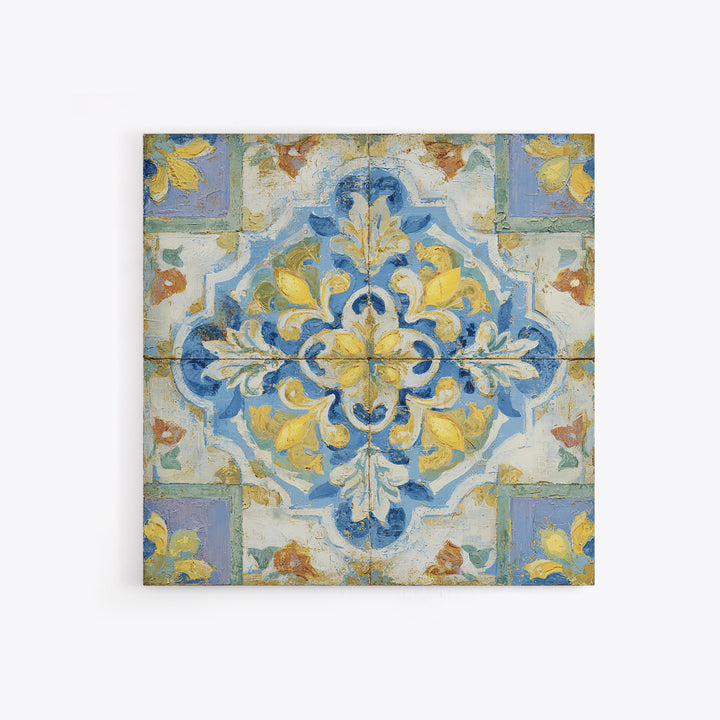 Mediterranean Lemons and Blue Tile Pattern Framed Canvas Print, Patio Art, Patio Decor, Fine Art, Outdoor, Gallery Decor, PAT-1x1-2