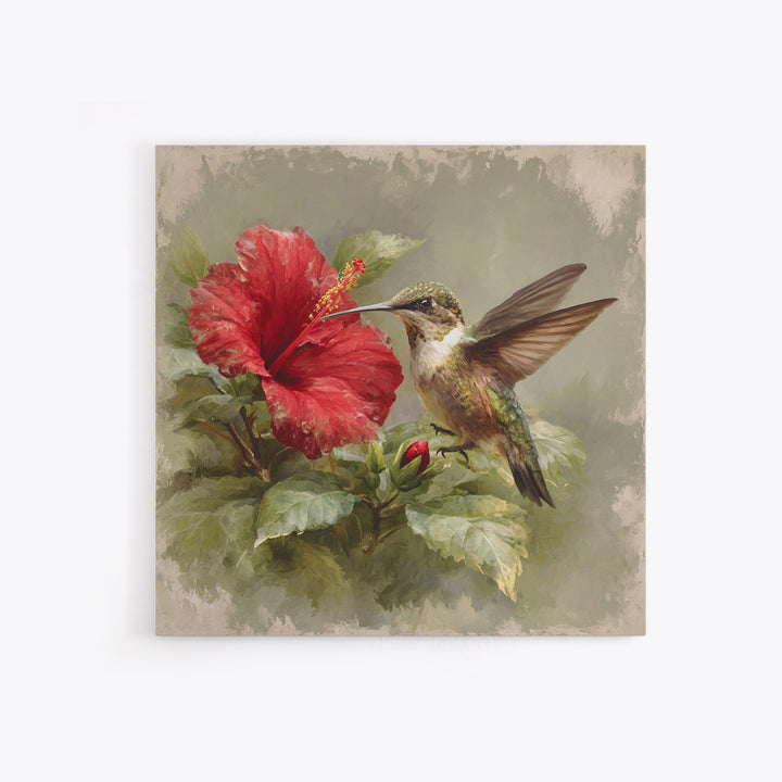 Hummingbird Visiting Bright Hibiscus Canvas Print, Patio Art, Western Decor, Patio Decor, Abstract Art, Outdoor, Floral Art, PAT-1x1-3