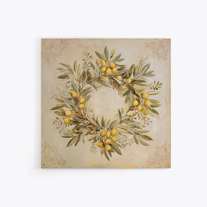 Olive Branch Wreath on Warm Plaster Framed Canvas Print, Patio Art, Statement Artwork, Patio Decor, Fine Art, Outdoor, PAT-1x1-33