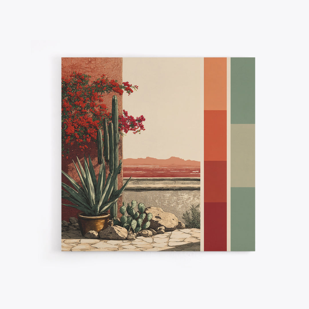 Desert Patio Agave and Bougainvillea Framed Canvas Print, Patio Art, Gallery Decor, Patio Decor, Oil Painting, Outdoor, PAT-1x1-41