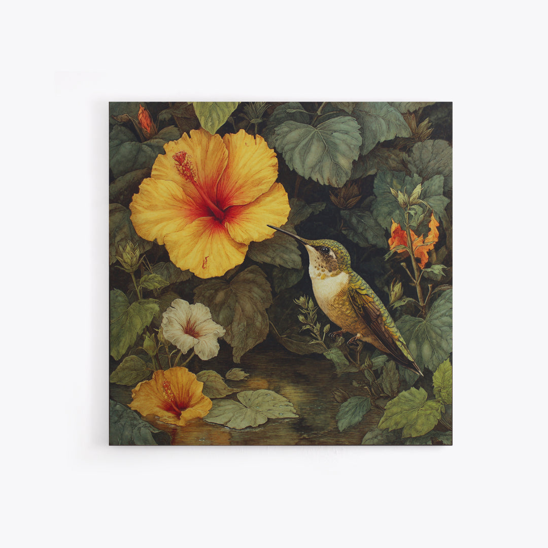 Hummingbird Visiting Bright Hibiscus Framed Canvas Print, Patio Art, Family Wall Art, Patio Decor, Oil Painting, Outdoor, PAT-1x1-51