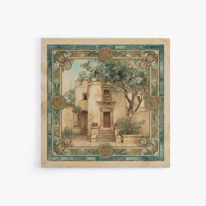 Olive Branch Wreath on Warm Plaster Framed Canvas Print, Patio Art, Statement Artwork, Patio Decor, Fine Art, Outdoor, PAT-1x1-57