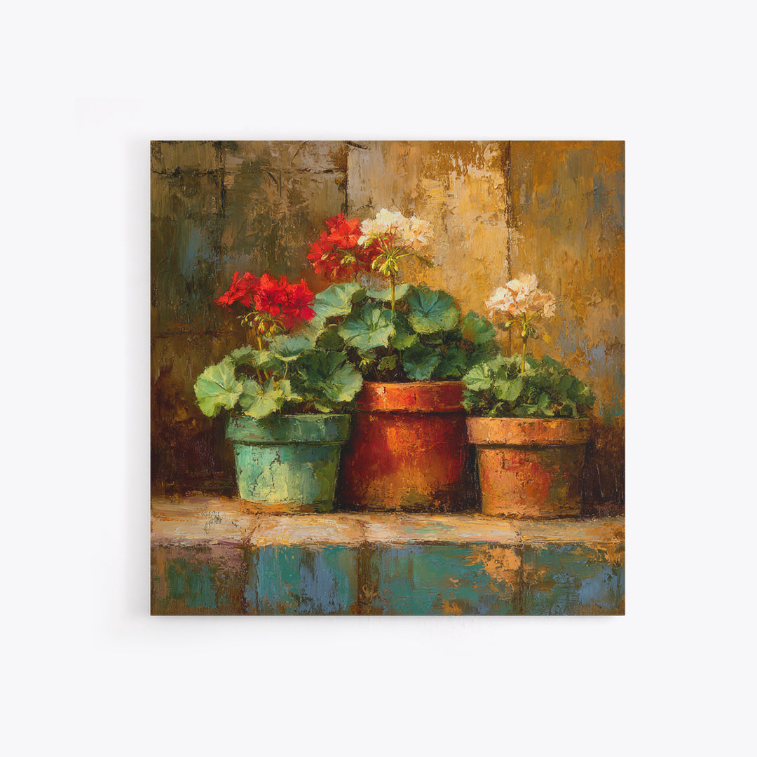 Potted Geraniums in Rustic Clay Pots Framed Canvas Print, Patio Art, Family Wall Art, Patio Decor, Fine Art, Outdoor, PAT-1x1-62