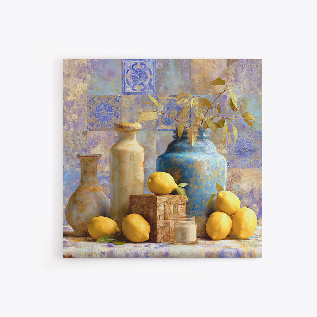 Mediterranean Lemons and Blue Tile Pattern Framed Canvas Print, Patio Art, Patio, Patio Decor, Outdoor, Minimalist Decor, PAT-1x1-74