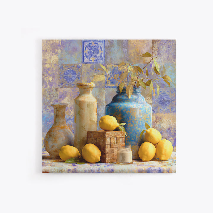 Mediterranean Lemons and Blue Tile Pattern Framed Canvas Print, Patio Art, Patio, Patio Decor, Outdoor, Minimalist Decor, PAT-1x1-74