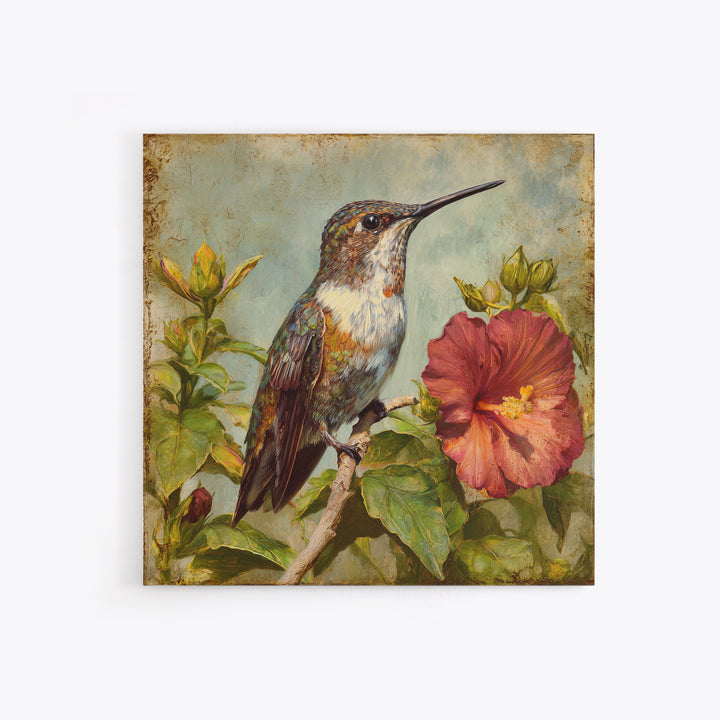 Hummingbird Visiting Bright Hibiscus Canvas Print, Patio Art, Modern Decor, Patio Decor, Fine Art, Outdoor, Home Decor, PAT-1x1-75
