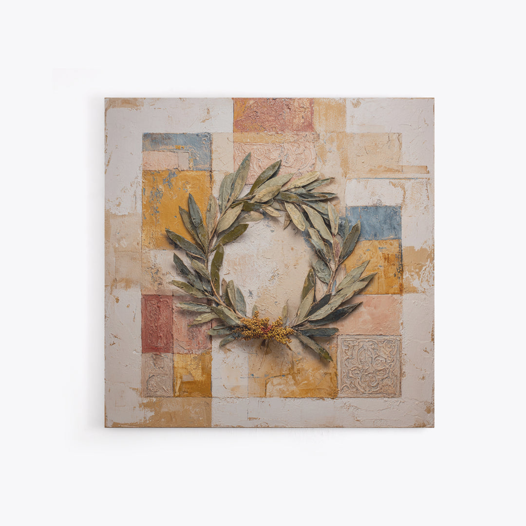 Olive Branch Wreath on Warm Plaster Canvas Print, Patio Art, Patio Decor, Oil Painting, Outdoor, Outdoor Wall Art, PAT-1x1-81
