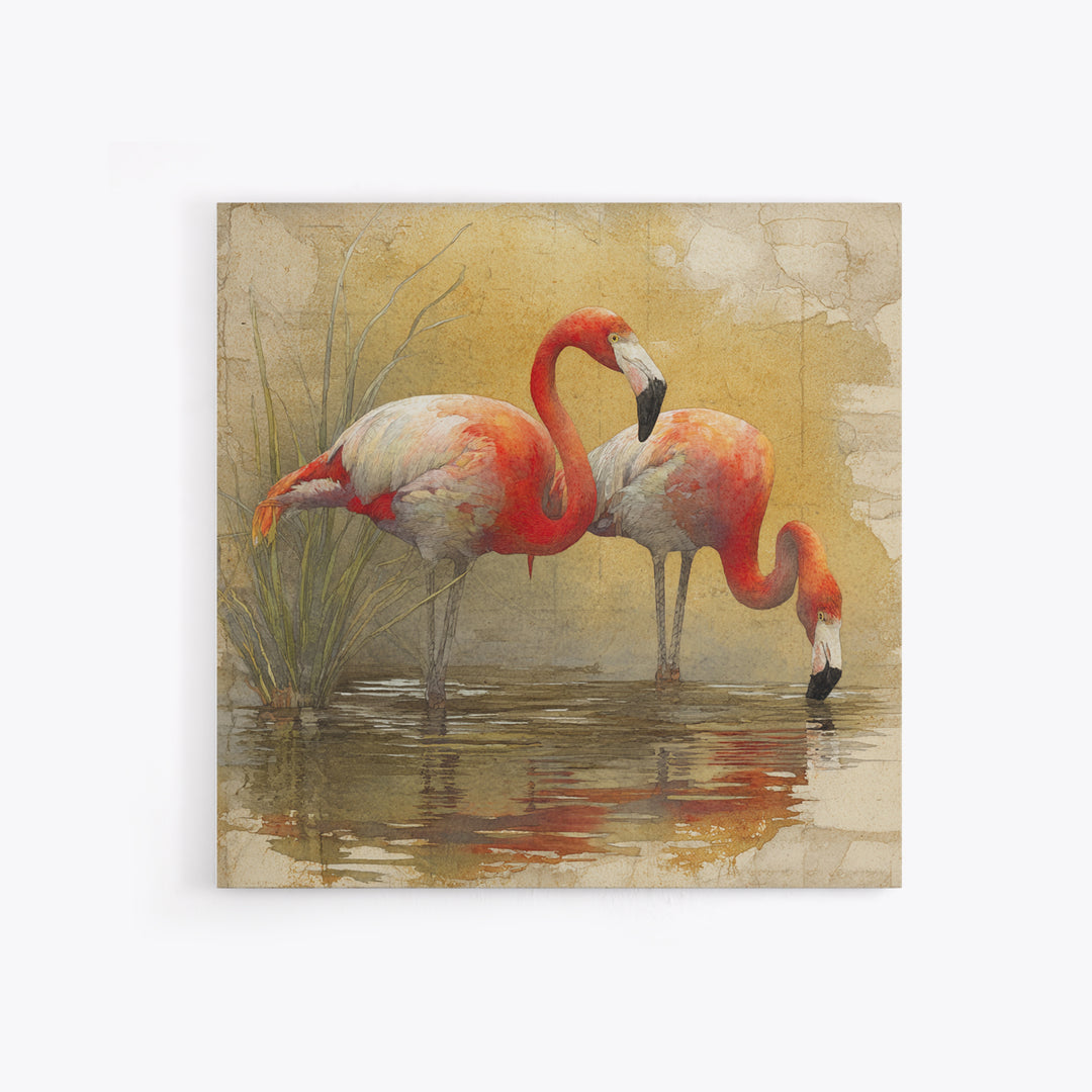 Flamingo Pair Beside Shallow Water Canvas Print, Patio Art, Neutral Decor, Patio Decor, Oil Painting, Outdoor, Wall Art, PAT-1x1-82