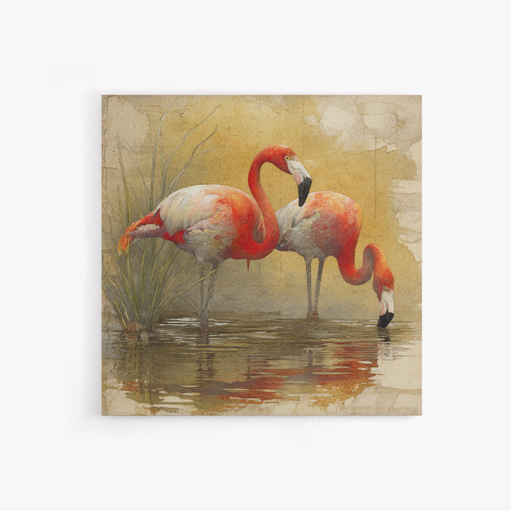 Flamingo Pair Beside Shallow Water Canvas Print, Patio Art, Neutral Decor, Patio Decor, Oil Painting, Outdoor, Wall Art, PAT-1x1-82