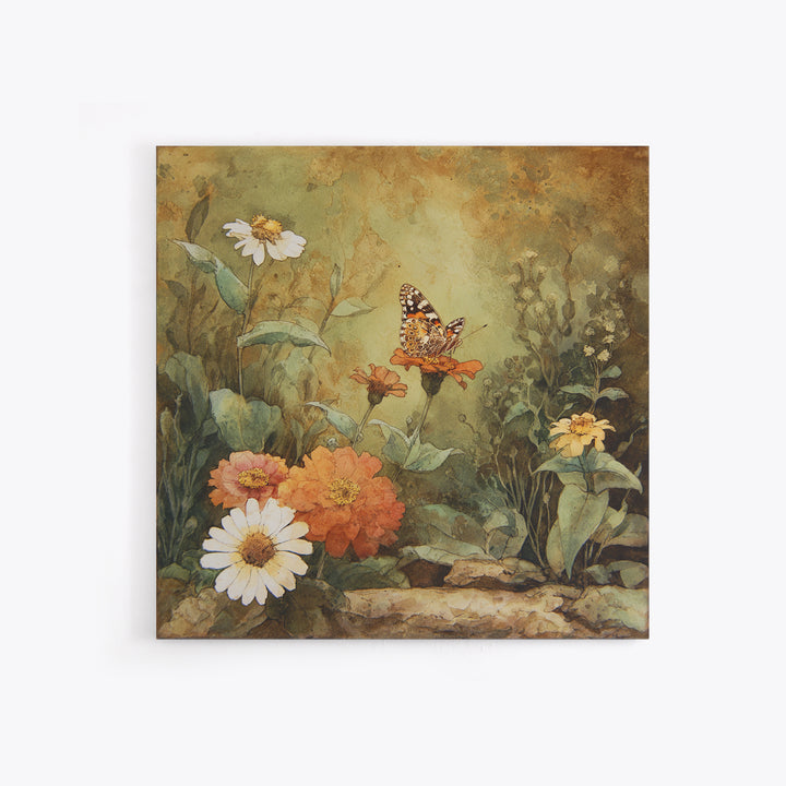 Butterfly Garden with Zinnias and Daisies Canvas Print, Patio Art, Boho Decor, Patio Decor, Oil Painting, Outdoor, PAT-1x1-85