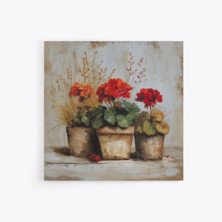 Potted Geraniums in Rustic Clay Pots Canvas Print, Patio Art, Modern Decor, Patio Decor, Fine Art, Outdoor, Home Decor, PAT-1x1-86