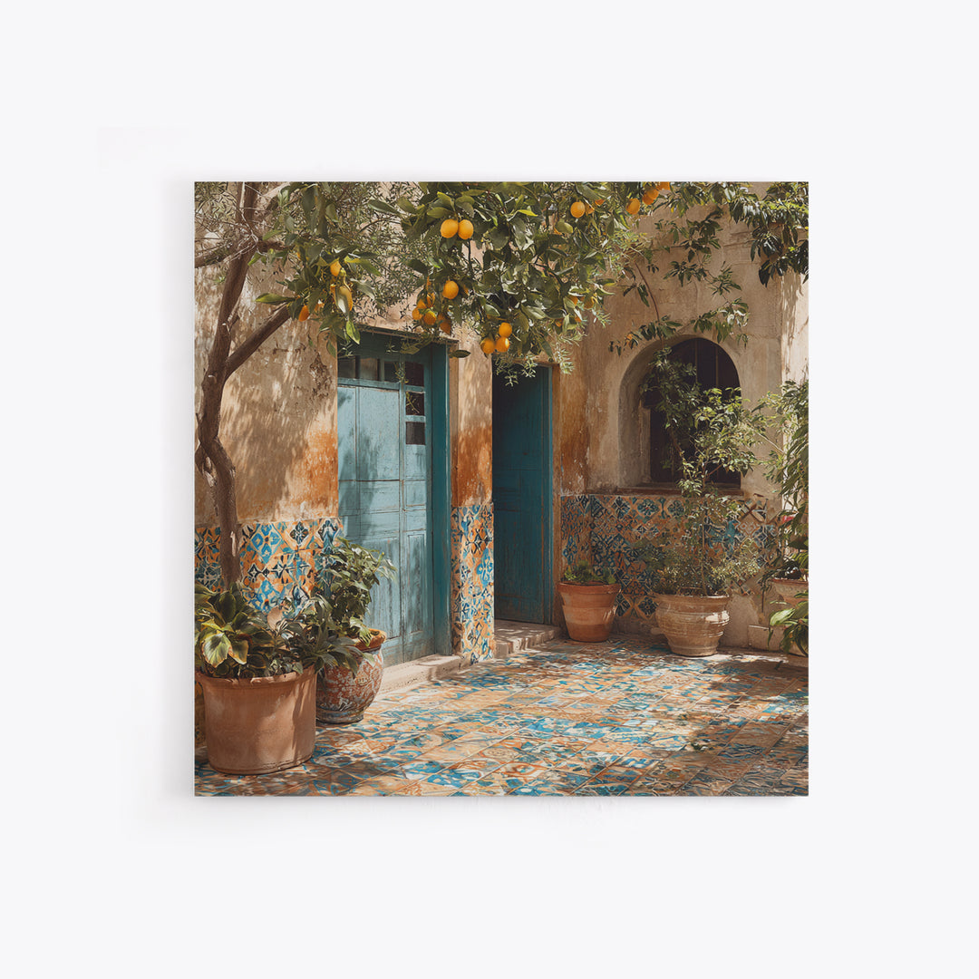 Mediterranean Lemons and Blue Tile Pattern Canvas Print, Patio Art, Boho Decor, Patio Decor, Fine Art, Outdoor, Outdoor Decor, PAT-1x1-98