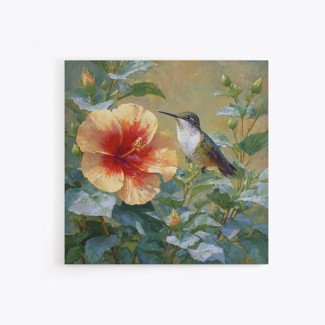 Hummingbird Visiting Bright Hibiscus Canvas Print, Patio Art, Wall Art, Patio Decor, Fine Art, Outdoor, Outdoor Wall Decor, PAT-1x1-99