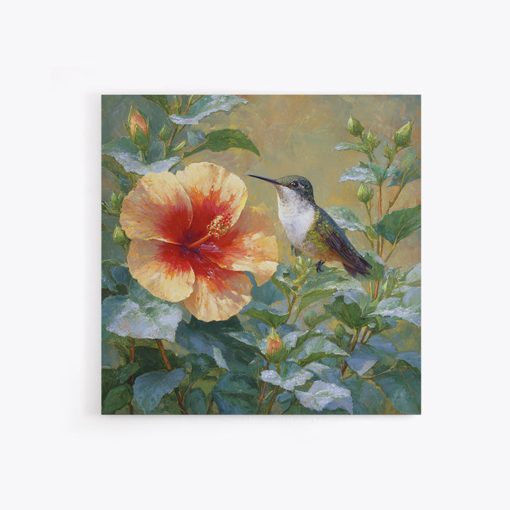 Hummingbird Visiting Bright Hibiscus Canvas Print, Patio Art, Wall Art, Patio Decor, Fine Art, Outdoor, Outdoor Wall Decor, PAT-1x1-99