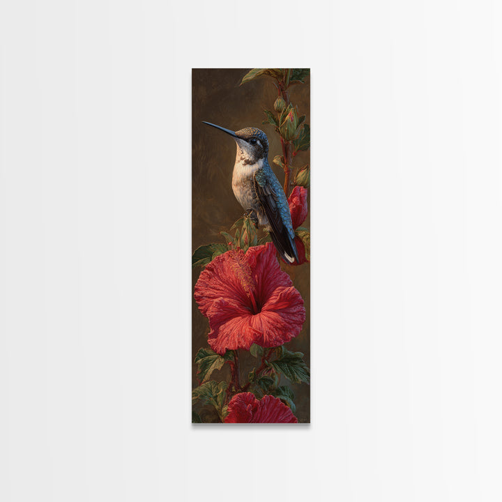 Hummingbird Visiting Bright Hibiscus Framed Canvas Print, Patio Art, Patio Decor, Abstract Art, Outdoor, Floral Wall Art, PAT-1x3-15