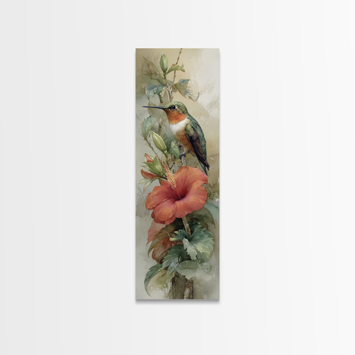 Hummingbird Visiting Bright Hibiscus Canvas Print, Patio Art, Garden Decor, Patio Decor, Fine Art, Outdoor, Beach Art, PAT-1x3-39