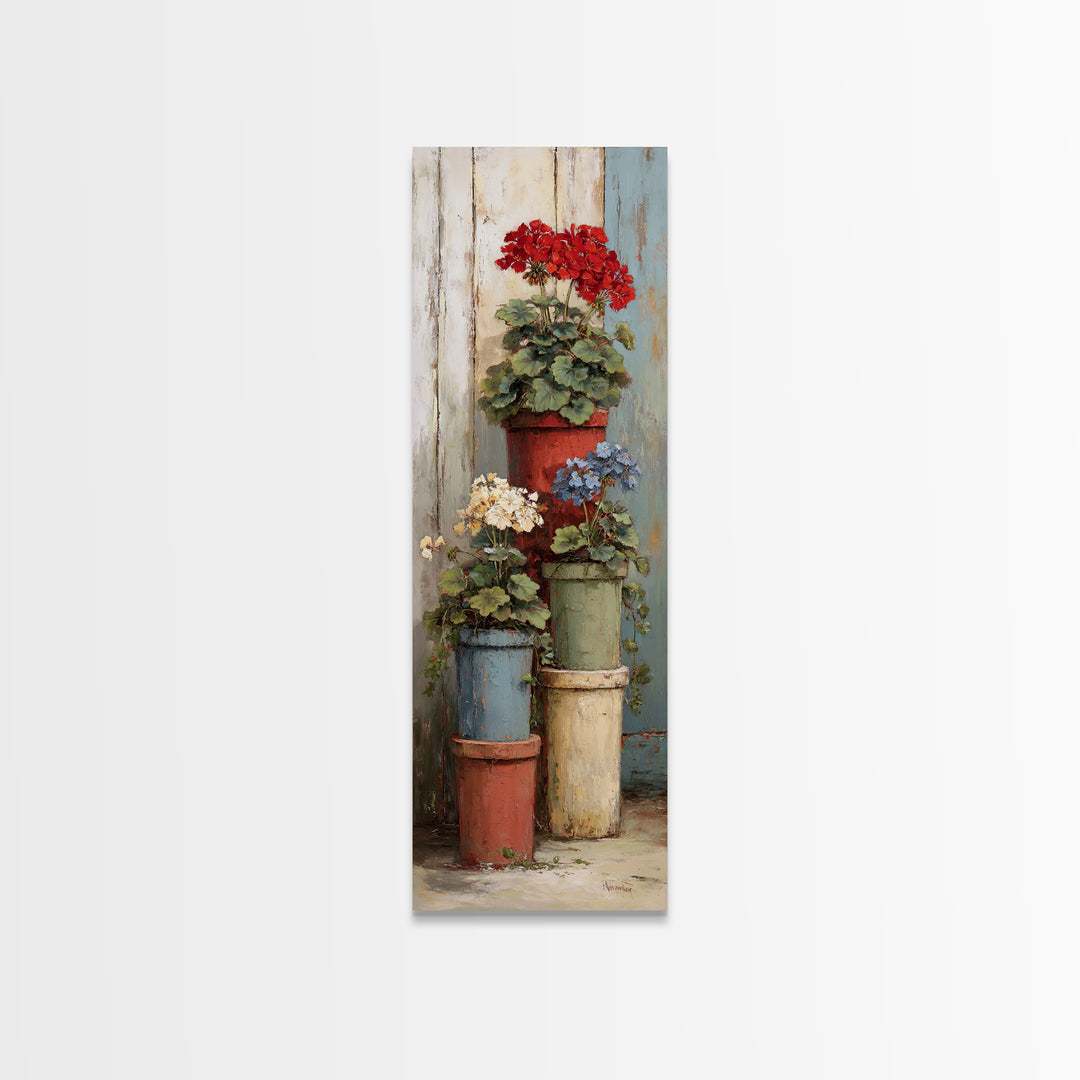 Potted Geraniums in Rustic Clay Pots Framed Canvas Print, Patio Art, Outdoor Art, Patio Decor, Fine Art, Outdoor, PAT-1x3-50