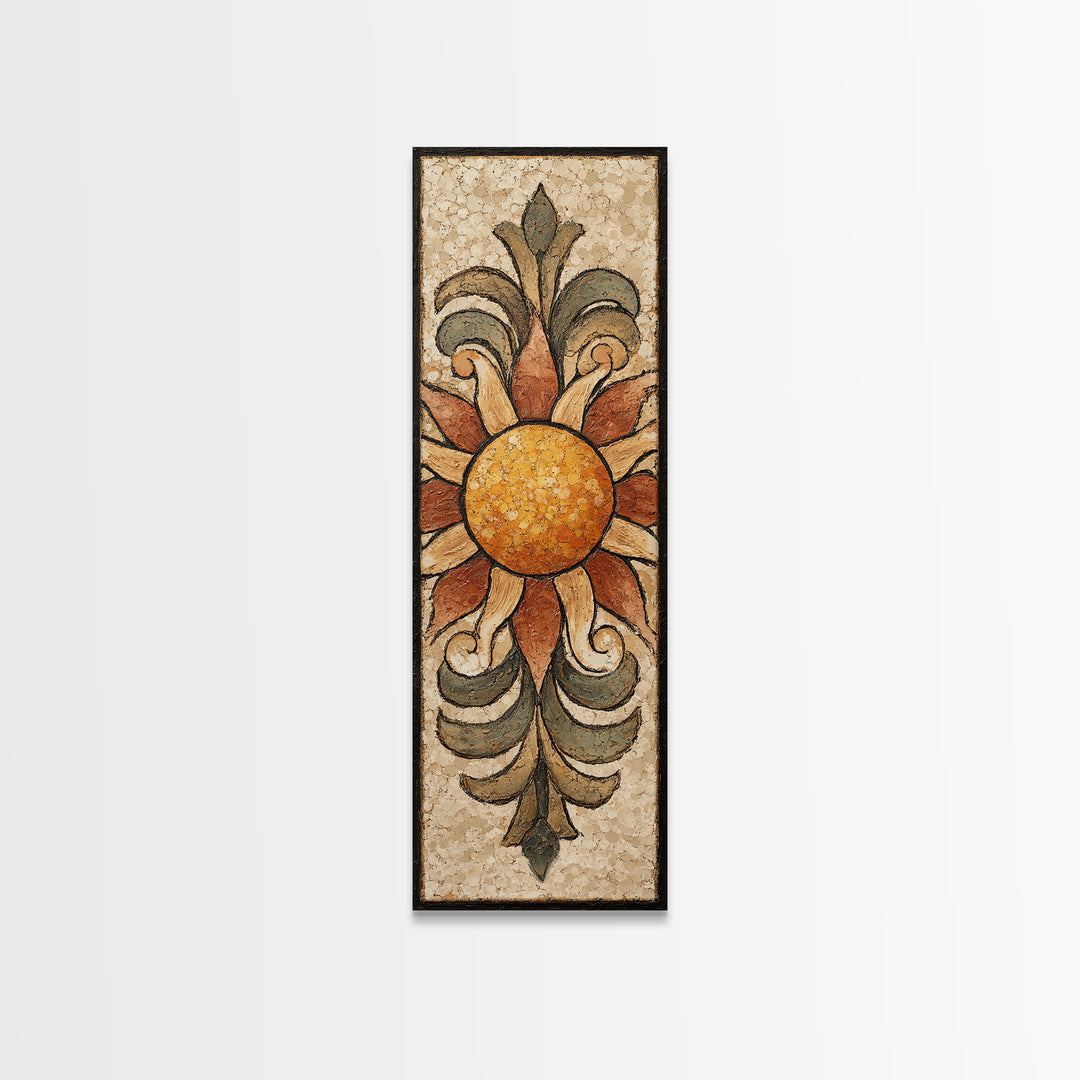Sun Motif with Warm Terracotta Rays Framed Canvas Print, Patio Art, Patio Cushions, Patio Decor, Oil Painting, Outdoor, PAT-1x3-54