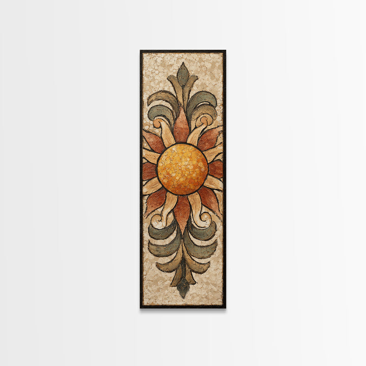 Sun Motif with Warm Terracotta Rays Framed Canvas Print, Patio Art, Patio Cushions, Patio Decor, Oil Painting, Outdoor, PAT-1x3-54