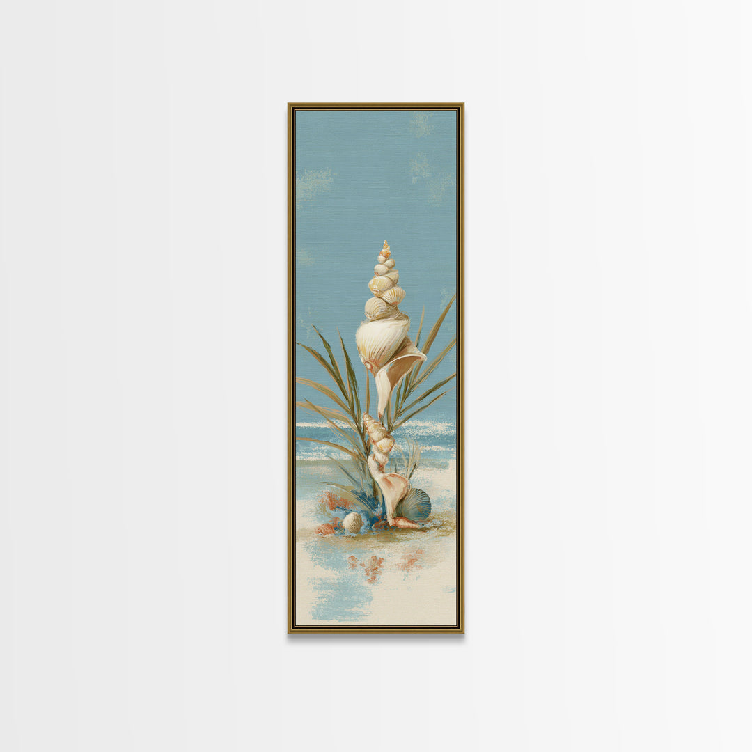 Beachy Shell and Palm Arrangement Canvas Print, Patio Art, Yard Art, Patio Decor, Oil Painting, Outdoor, Lake House Decor, PAT-1x3-55