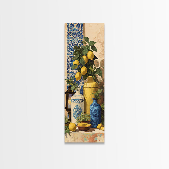 Mediterranean Lemons and Blue Tile Pattern Framed Canvas Print, Patio Art, Neutral Decor, Patio Decor, Fine Art, Outdoor, PAT-1x3-62