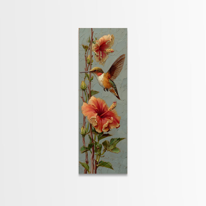 Hummingbird Visiting Bright Hibiscus Canvas Print, Patio Art, Patio Decor, Oil Painting, Outdoor, Gallery Decor, Neutral Decor, PAT-1x3-63