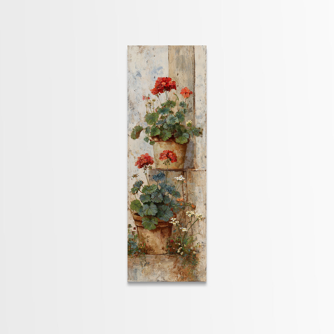 Potted Geraniums in Rustic Clay Pots Framed Canvas Print, Patio Art, Outdoor Art, Patio Decor, Fine Art, Outdoor, PAT-1x3-74