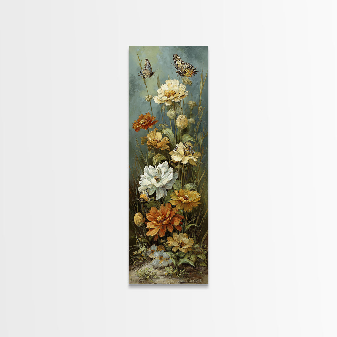 Butterfly Garden with Zinnias and Daisies Canvas Print, Patio Art, Rustic Decor, Patio Decor, Fine Art, Outdoor, PAT-1x3-97