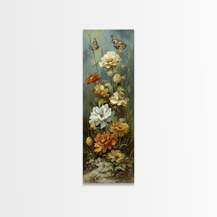 Butterfly Garden with Zinnias and Daisies Canvas Print, Patio Art, Rustic Decor, Patio Decor, Fine Art, Outdoor, PAT-1x3-97