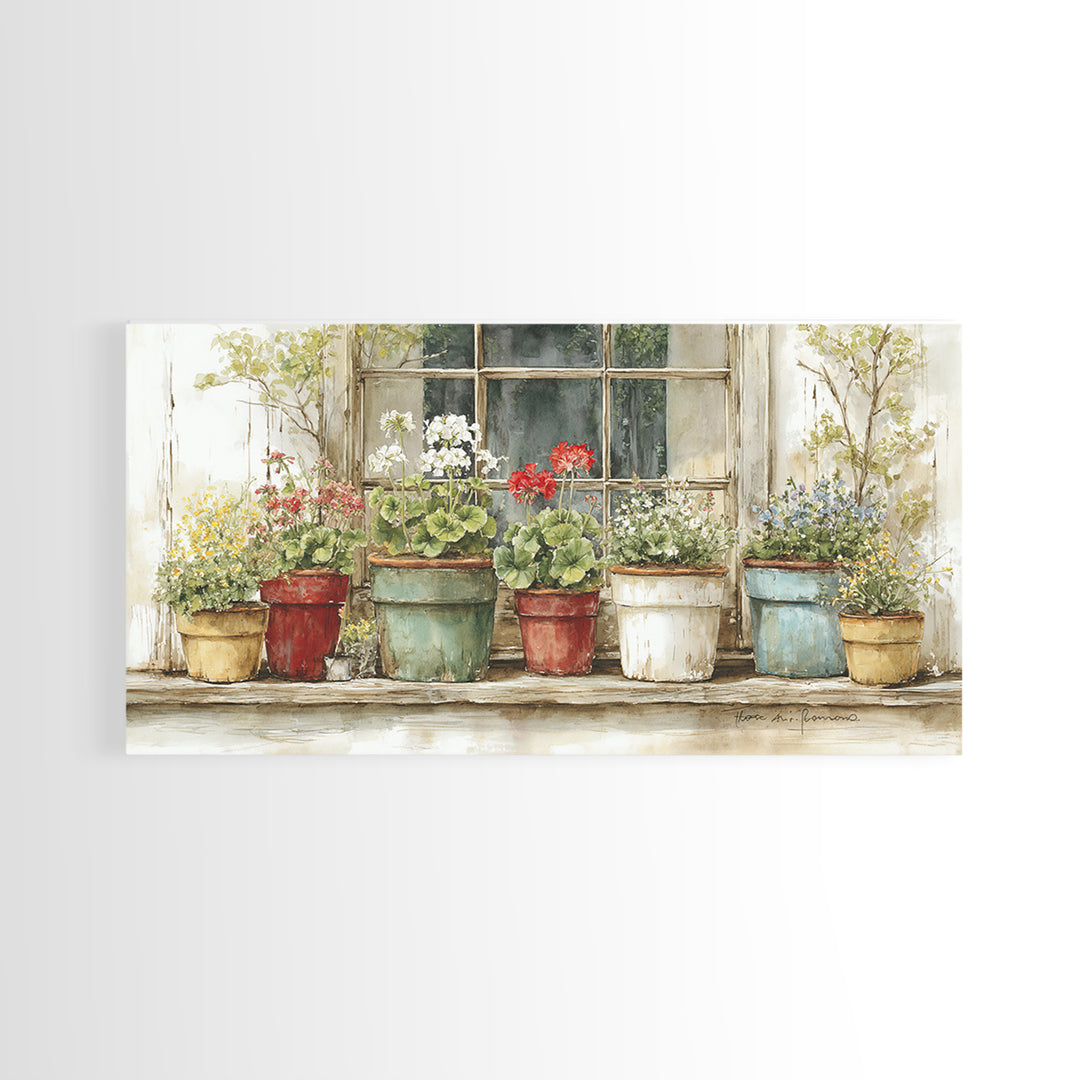 Potted Geraniums in Rustic Clay Pots Framed Canvas Print, Patio Art, Art Print, Patio Decor, Fine Art, Outdoor, Garden Decor, PAT-2x1-10